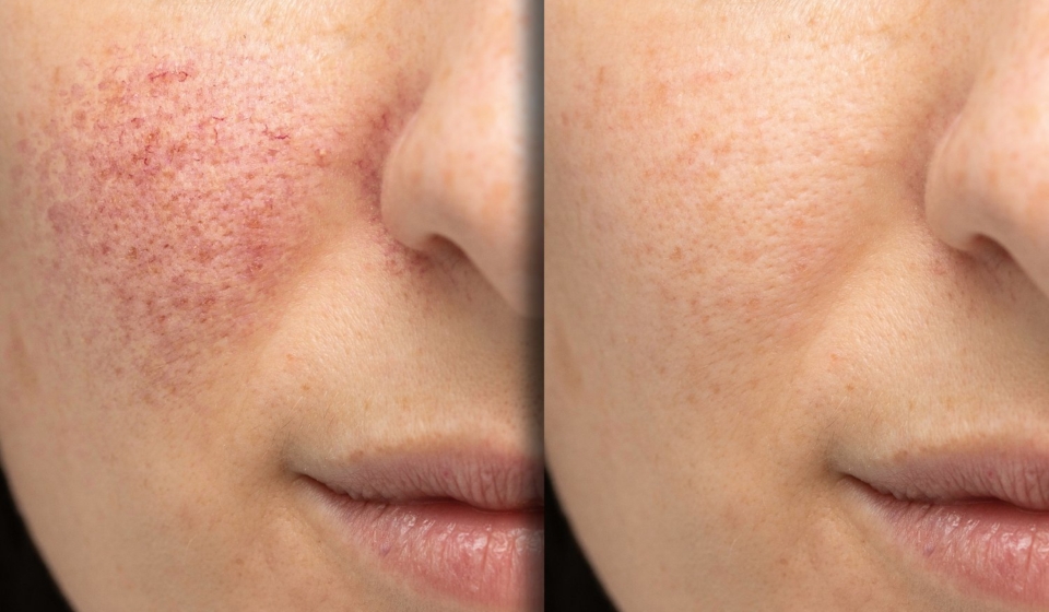 Before and after laser treatment for rosacea