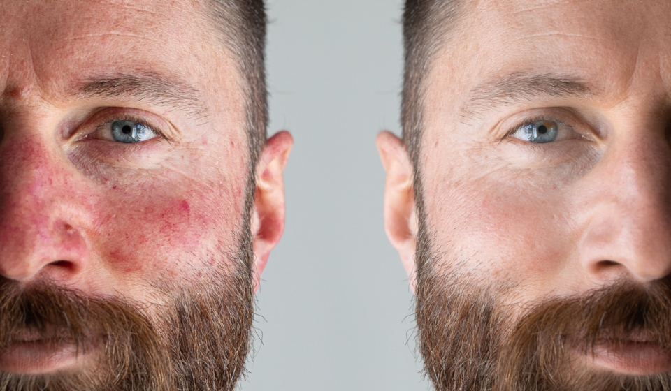 Face of a man with flushed cheek skin. Before and after a rosacea laser treatment. Half face with and without couperose