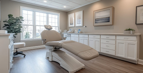 A clean, organized examination room with modern equipment, a light source from a window creating a serene, inviting feel, neutral color palette --chaos 15 --ar 16:7 --style raw --stylize 750 --v 6.1 Job ID: a21cf986-e34c-4010-a108-a35f0ac8f267