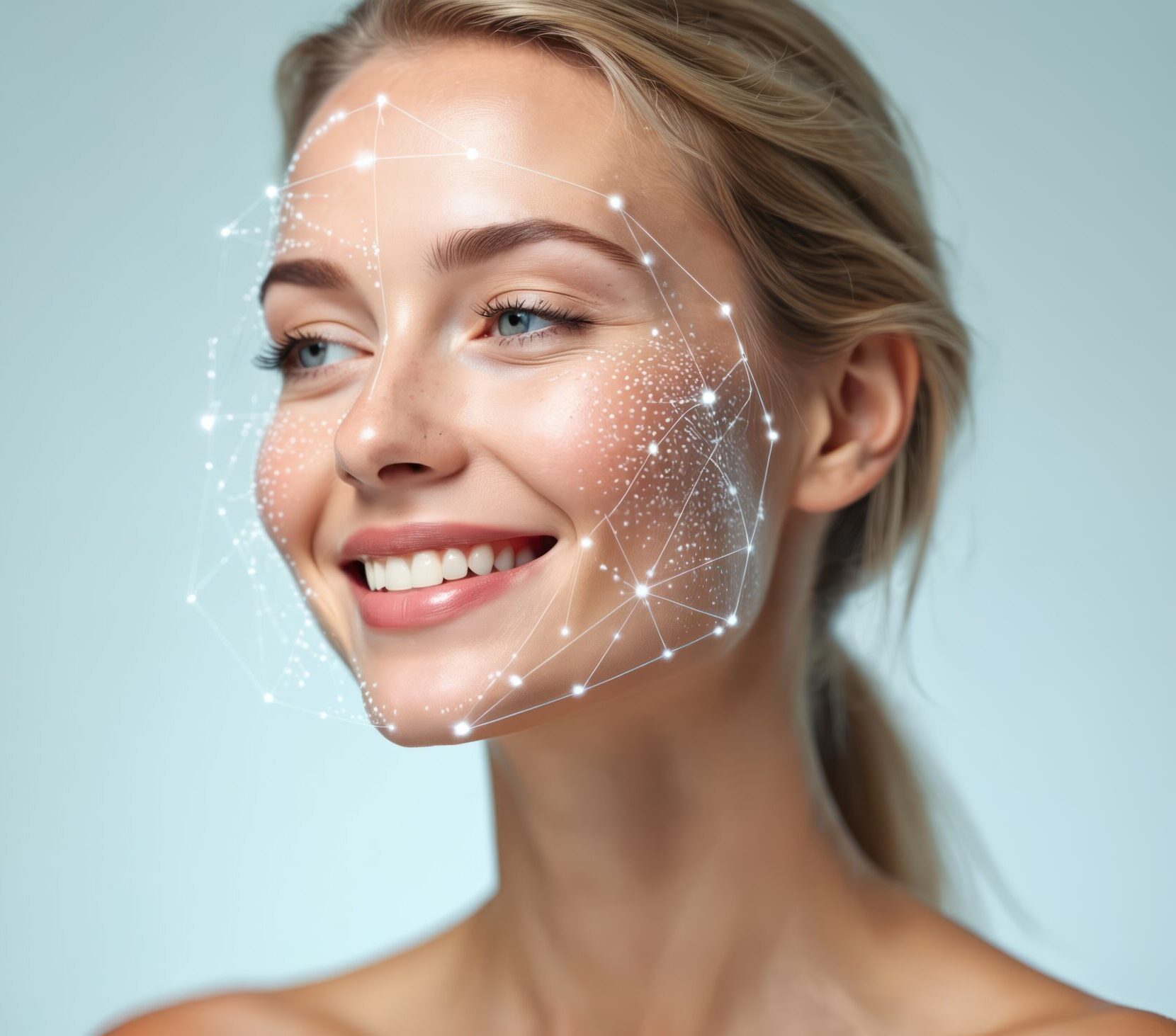 Smiling young woman with facial recognition scanning lines. Technology skin analysis face detection. Cosmetic procedure, face contour correction facial rejuvenation. Digital biometric data for