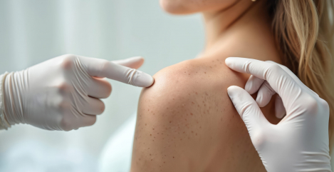 Woman shoulder examined by dermatologist. Doctor points suspicious mole during skin check-up. Patient gets consultation, cancer prevention, melanoma diagnosis in clinic. Early detection health care