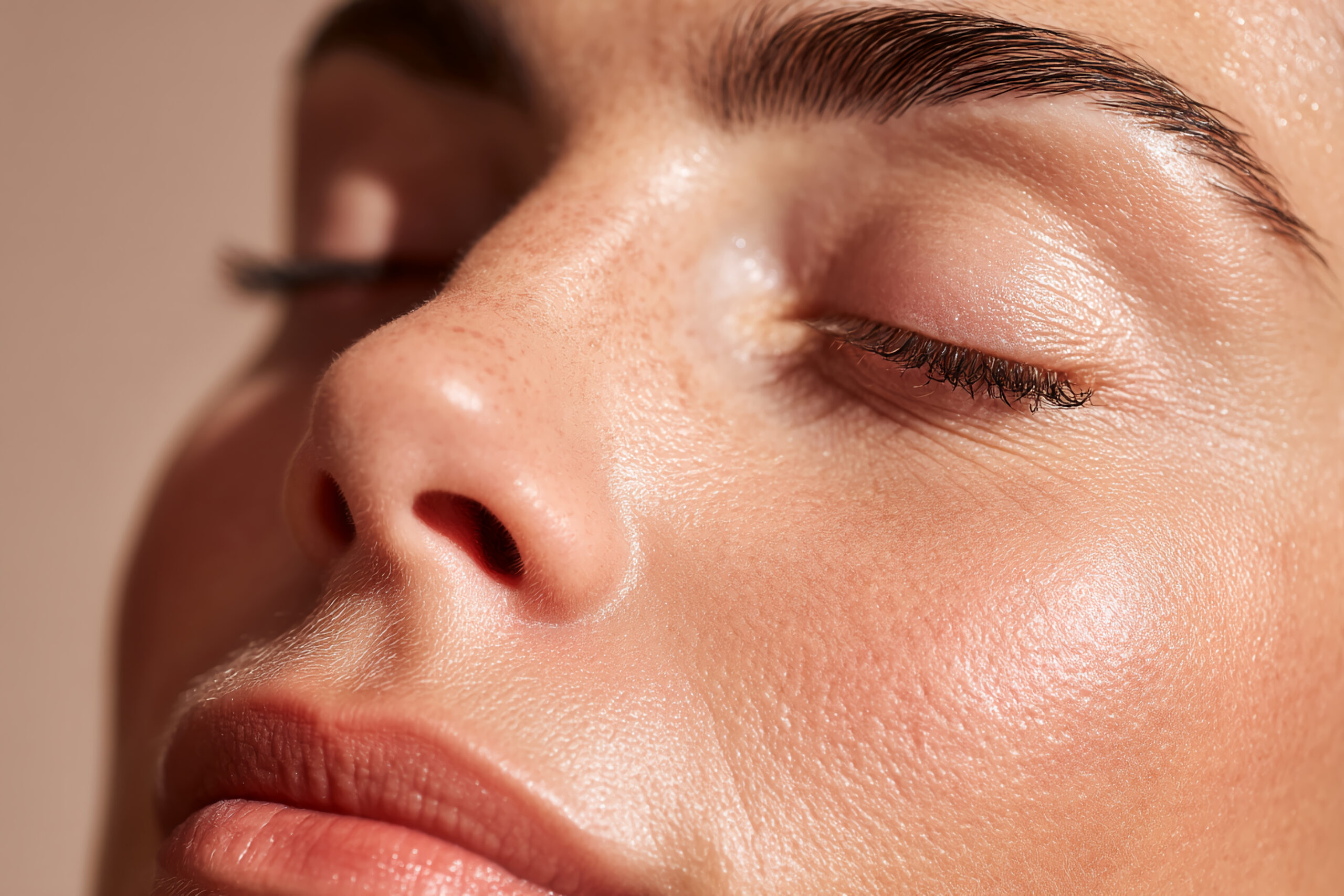 Close-up of woman's face, showing skin texture, closed eye, and lips, suggesting skincare, beauty, or wellness concepts