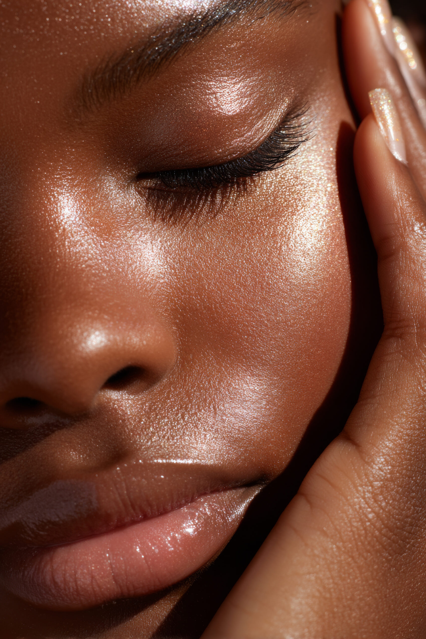A close up of smooth dark skin with closed eye and hand gently touching face, showing natural beauty and calm expression