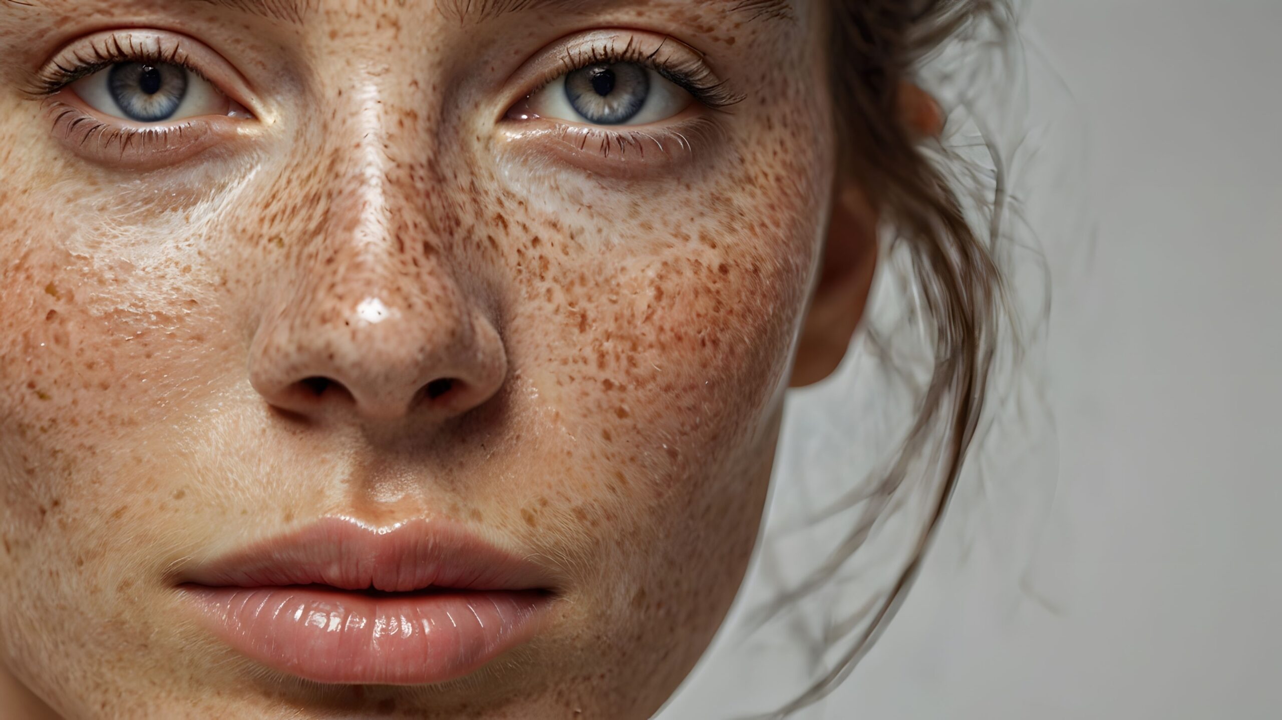 Close-up face of attractive young woman with melasma (hyperpigmentation often caused by hormonal changes) or freckles ( flat skin spots usually caused by genetics and exposure to the sun)