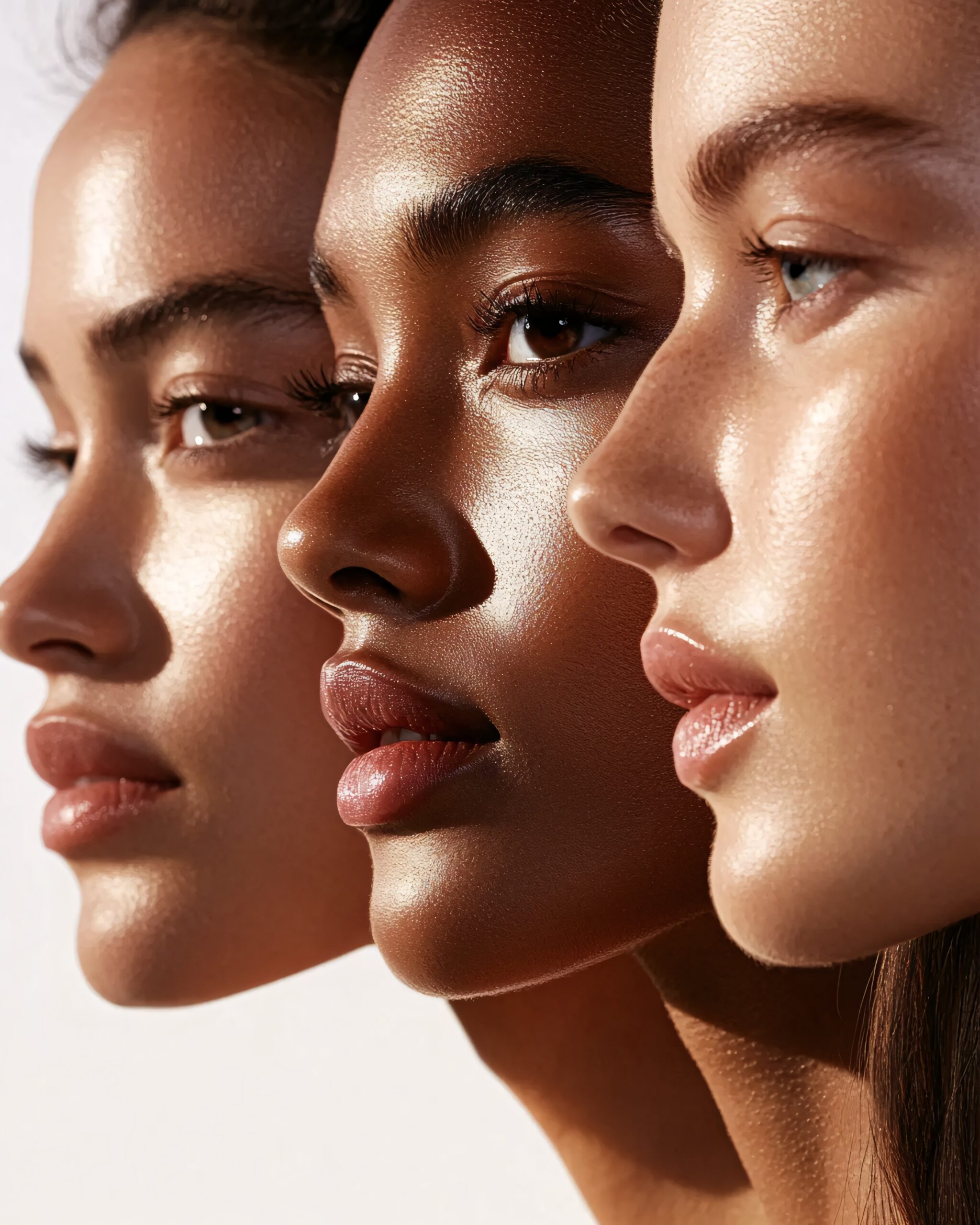 Close-up shot of three young women in their 20s with glowing skin, standing side by side in profile view under natural light, focusing on facial features and skin texture.