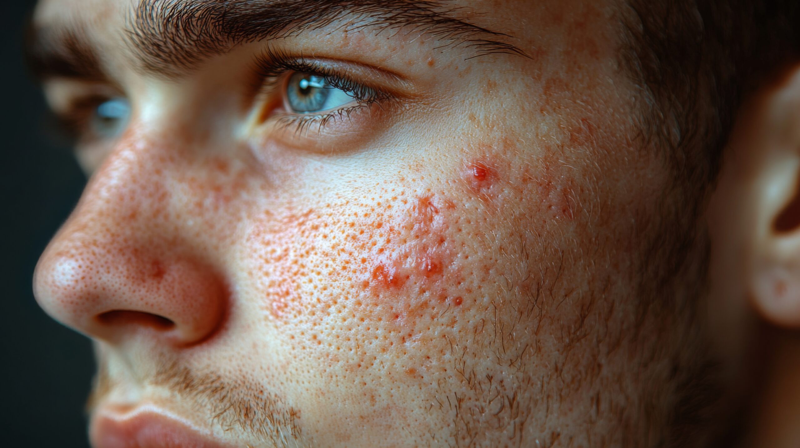 A young man with acne and blemishes, highlighting the texture of his skin. The soft natural light emphasizes his features, creating a candid, intimate look.