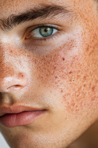 This close-up portrait captures a young man's face showcasing acne scars and natural freckles, emphasizing unique beauty and texture in natural light.