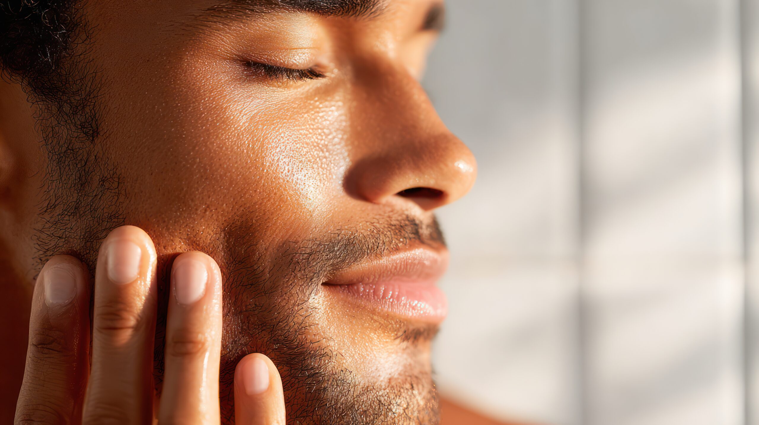 A young man in a white robe applies moisturizer to his face, enjoying a calm skincare moment.