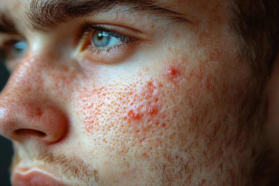 A young man with acne and blemishes, highlighting the texture of his skin. The soft natural light emphasizes his features, creating a candid, intimate look.