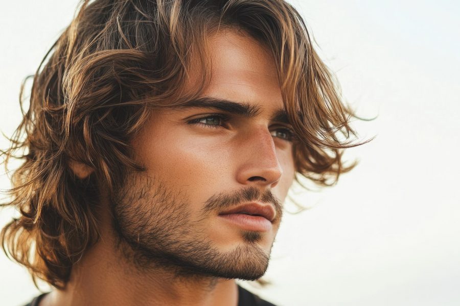 A rugged men hairstyle with shoulder-length wavy hair styled naturally for a casual, laid-back appearance.
