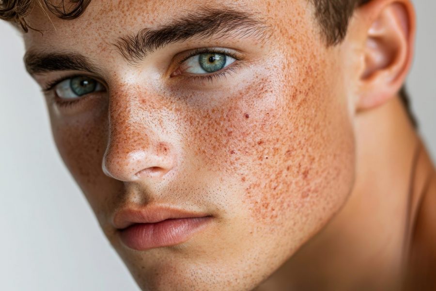 This close-up portrait captures a young man's face showcasing acne scars and natural freckles, emphasizing unique beauty and texture in natural light.
