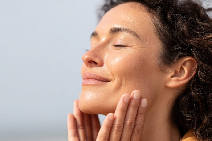 Radiant skin care routine with spf oil in natural sunlight.