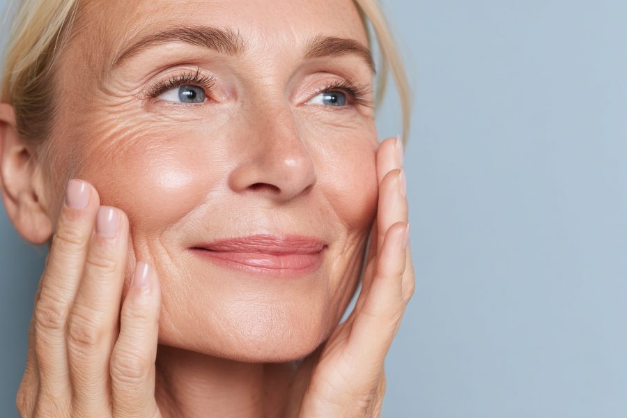 A 50-year-old model, who is a middle-aged woman with a smile, applies an anti-aging skin cream and rubs in a moisturizer on her face while standing in front of a blue background