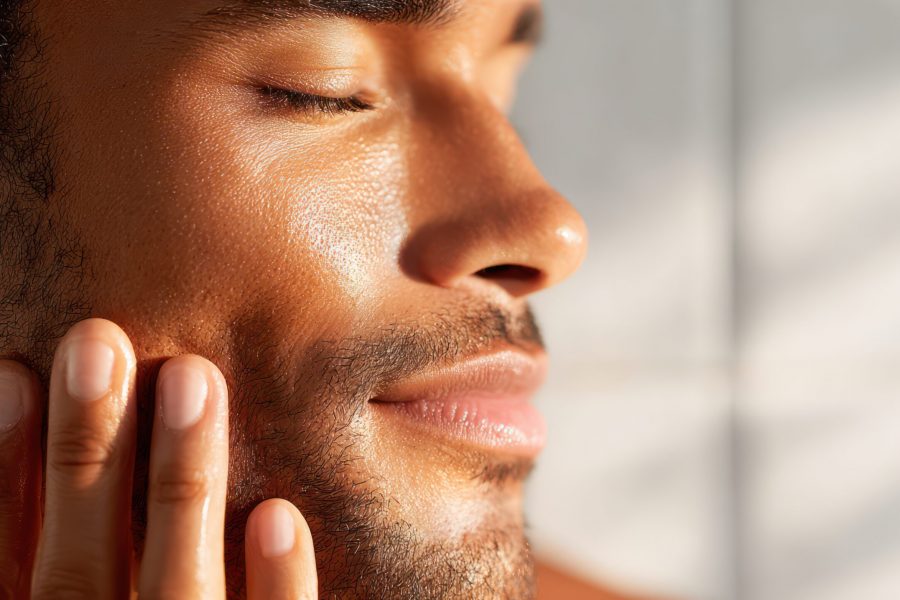 A young man in a white robe applies moisturizer to his face, enjoying a calm skincare moment.
