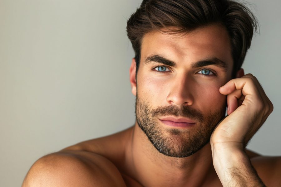 Close-up Portrait of Handsome Man with Blue Eyes and Beard in Minimalist Background with Ample Space for Copy